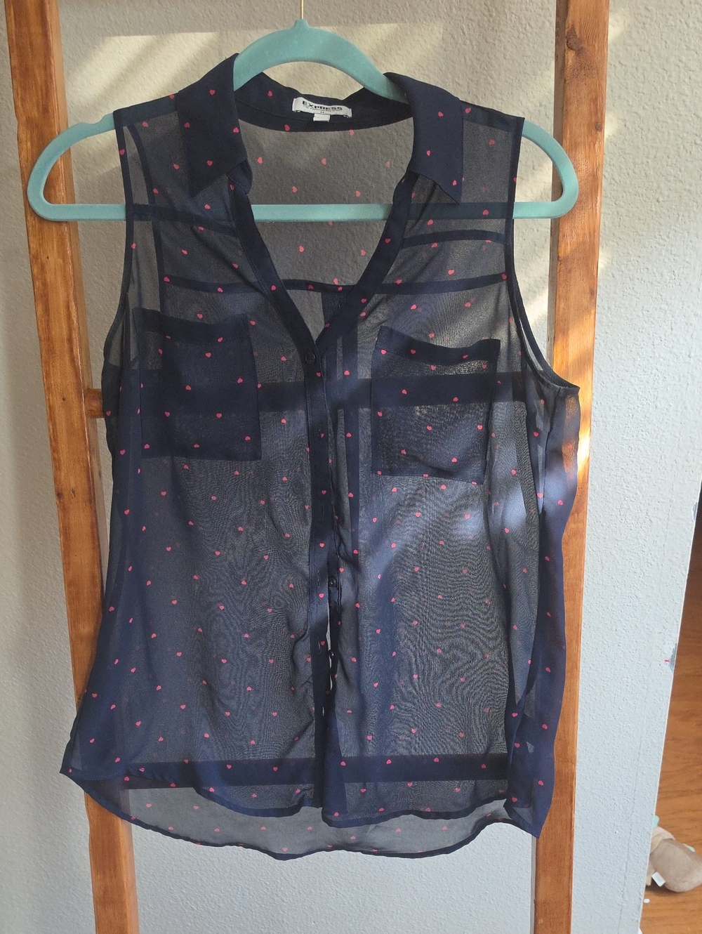 Express Navy Sheer Sleeveless Button-Front Top with Pink Dot Print